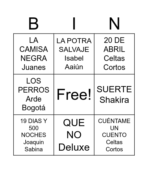 Musical Bingo Card