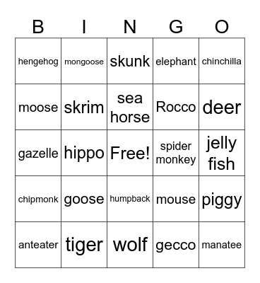 animals Bingo Card