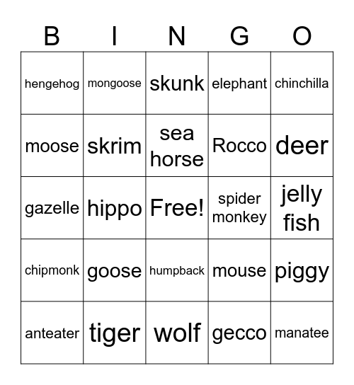 animals Bingo Card
