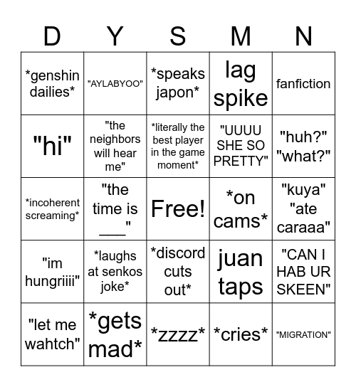 DYSMN Bingo Card