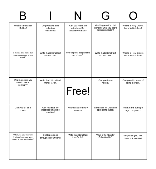 Holy Orders Bingo Card
