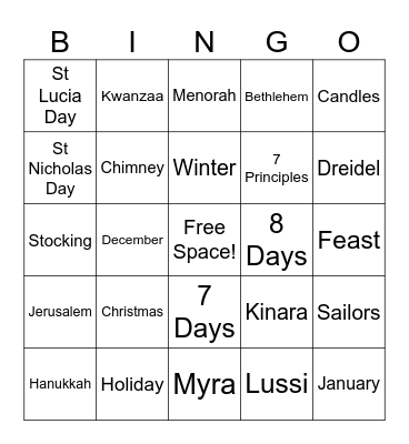 Winter Holidays Bingo Card