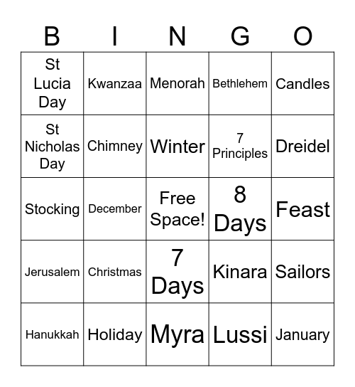 Winter Holidays Bingo Card