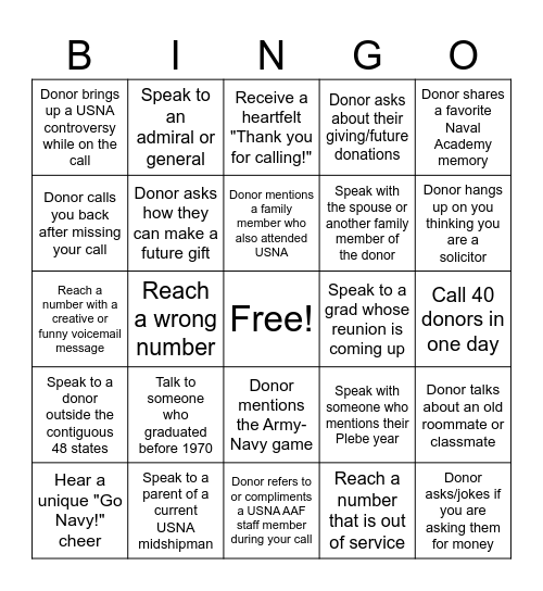 USNA AAF WOG Bingo Card