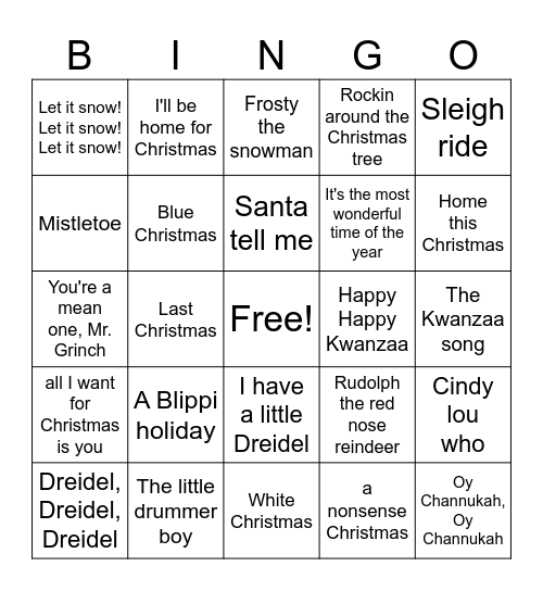 HOLIDAY SONGS Bingo Card