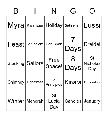 Winter Holidays Bingo Card