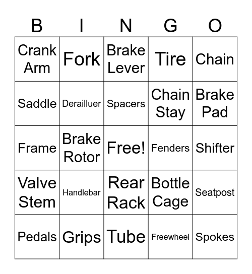 Bicycle Parts Bingo Card