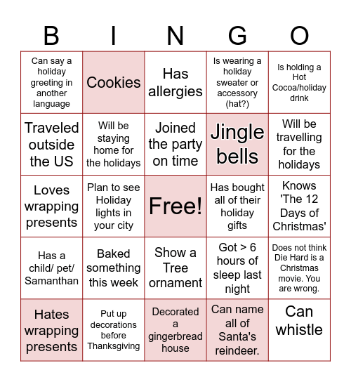 Holiday Cheer Bingo Card