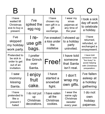 Naughty Christmas Bingo Card