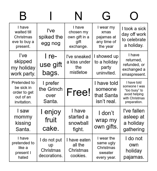 Naughty Christmas Bingo Card