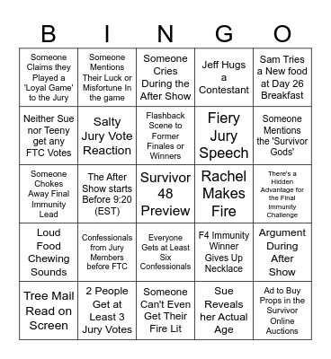 Survivor 47 Finale Bingo Card