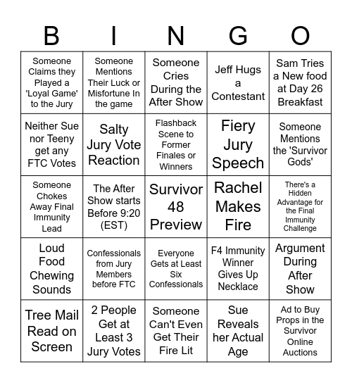 Survivor 47 Finale Bingo Card