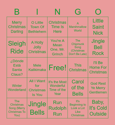 Christmas Song Bingo Card