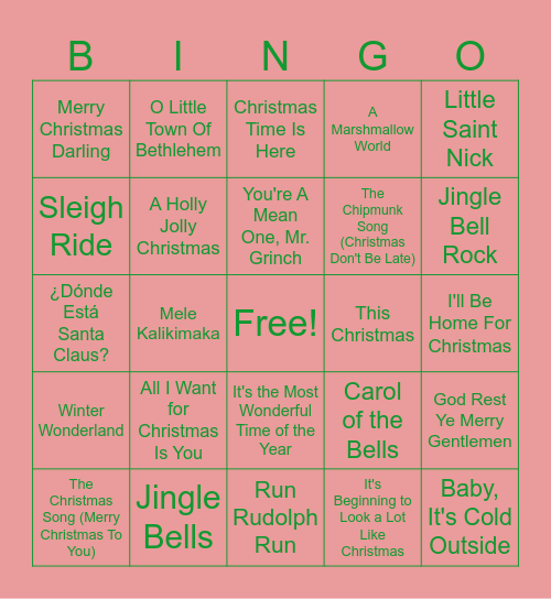 Christmas Song Bingo Card