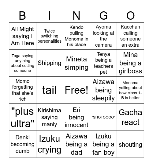 My Hero Acadamia Bingo Card