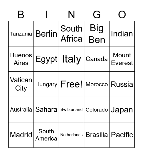 world geography Bingo Card