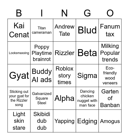 YouTube Shorts Brainrot Bingo Card