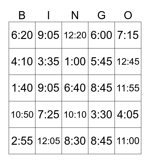 Telling Time Bingo Card