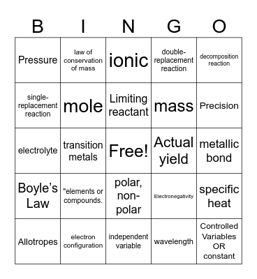 CHEMISTRY L TO J BINGO Card