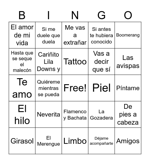 Música en Español Bingo Card