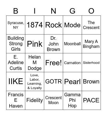 Gamma Phi Beta Bingo Card