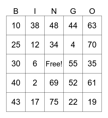 Number Bingo Card