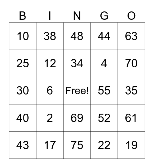 Number Bingo Card