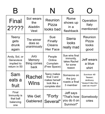 Survivor 47 Finale Bingo Card