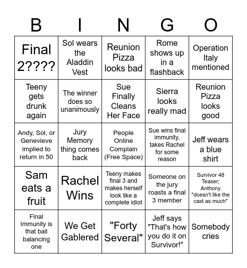 Survivor 47 Finale Bingo Card