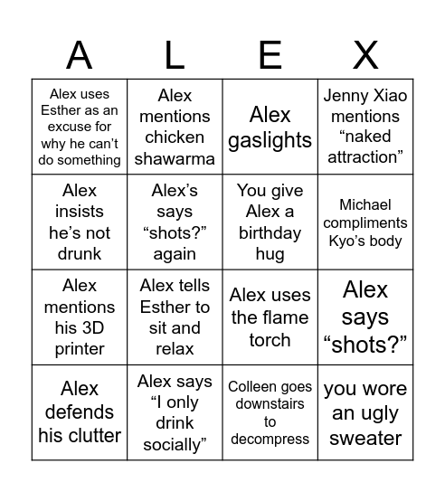 Alex’s Birthmas Bingo Card