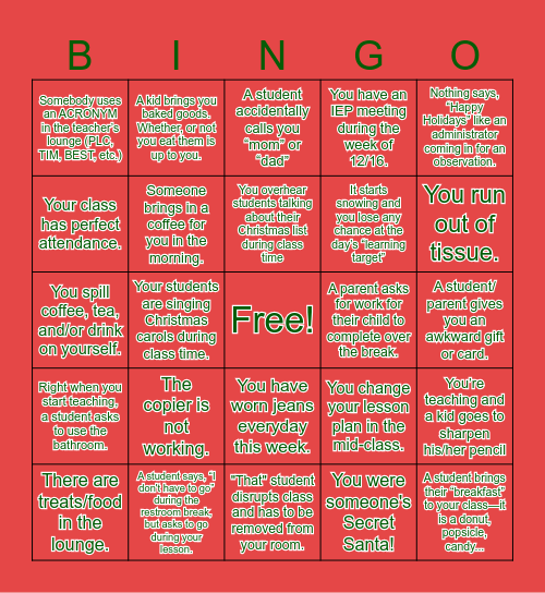 Teaching During the Holidays Bingo Board Bingo Card