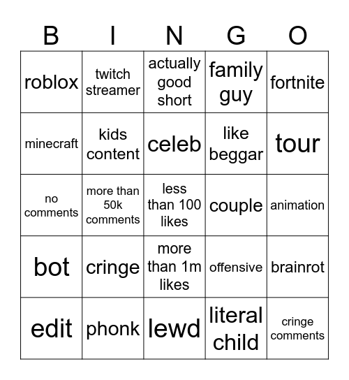 yt shorts bingo Card