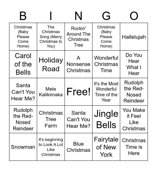 Christmas Hits Bingo Card