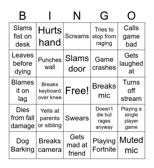 Gamer Rage Bingo Card