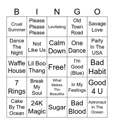 Kidz Bop Version Bingo Card