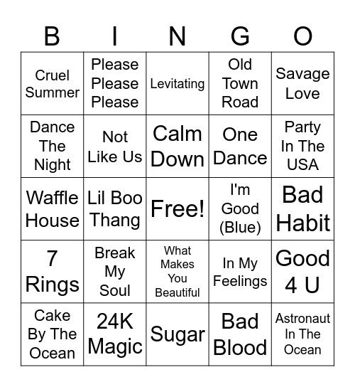 Kidz Bop Version Bingo Card