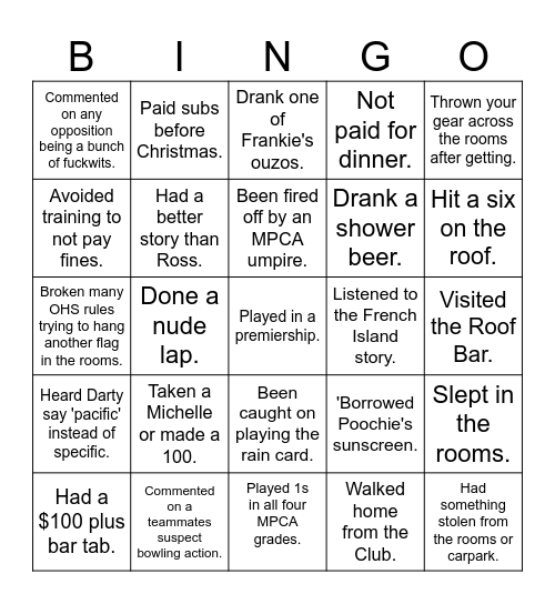 Red Hill CC Bingo Card