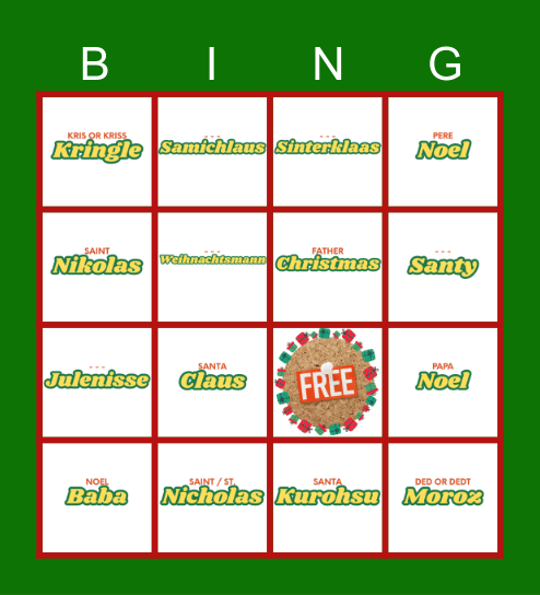 Santa Claus Around the World Bingo Card