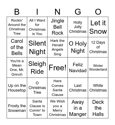 Christmas Song Bingo Card