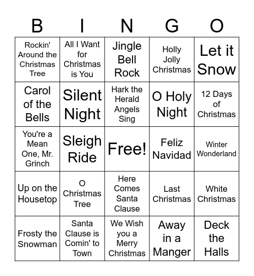 Christmas Song Bingo Card