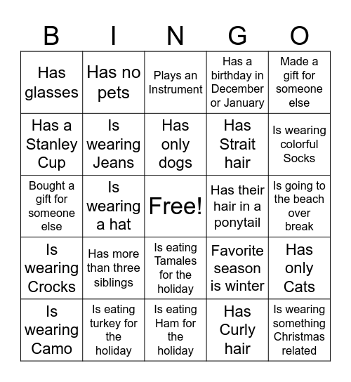 Classroom Bingo Card