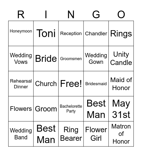 Toni & Chandler, May 31, 2024 Bingo Card