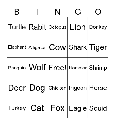 Alex Eager - English: Animals! Bingo Card