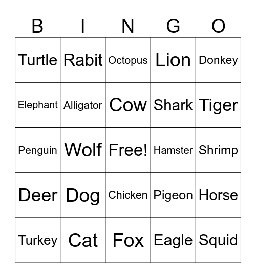 Alex Eager - English: Animals! Bingo Card