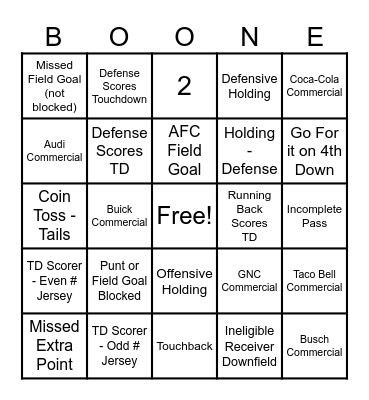 BOONE SUPERBOWL BINGO Card
