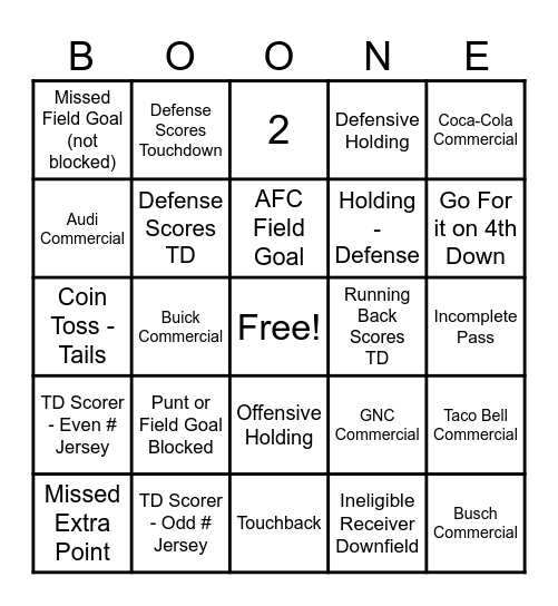 BOONE SUPERBOWL BINGO Card