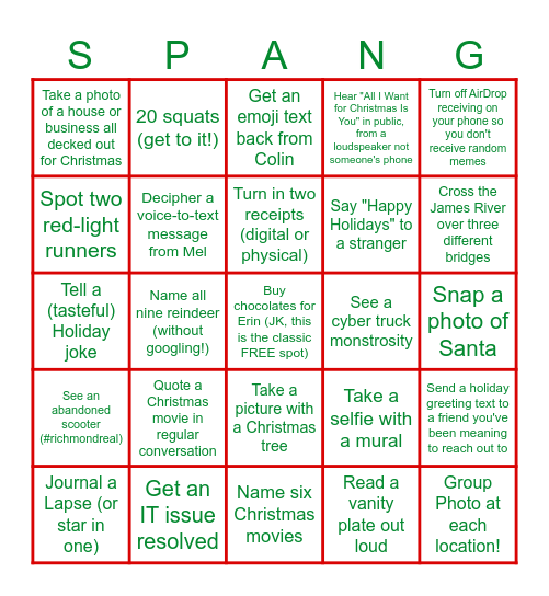 Spang Christmas Bingo Card