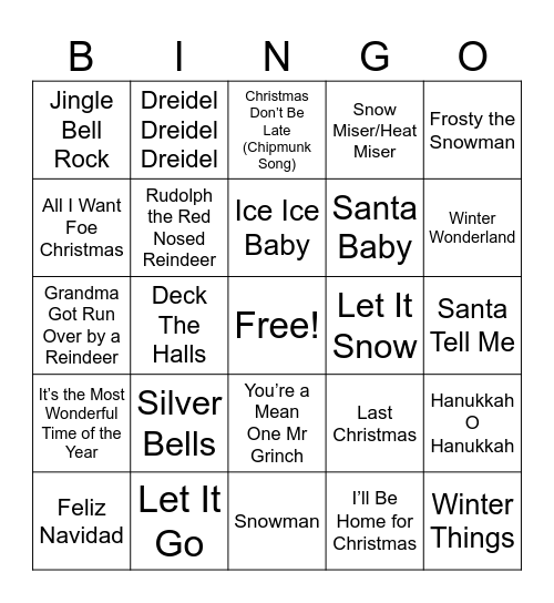 Winter Music Bingo Card