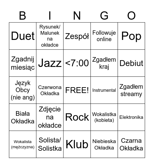 Top 50 Utworów 2024 Bingo Card