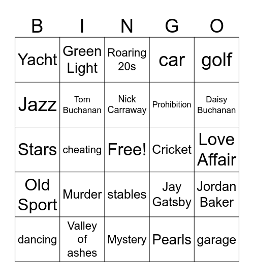 The Great Gatsby Bingo Card